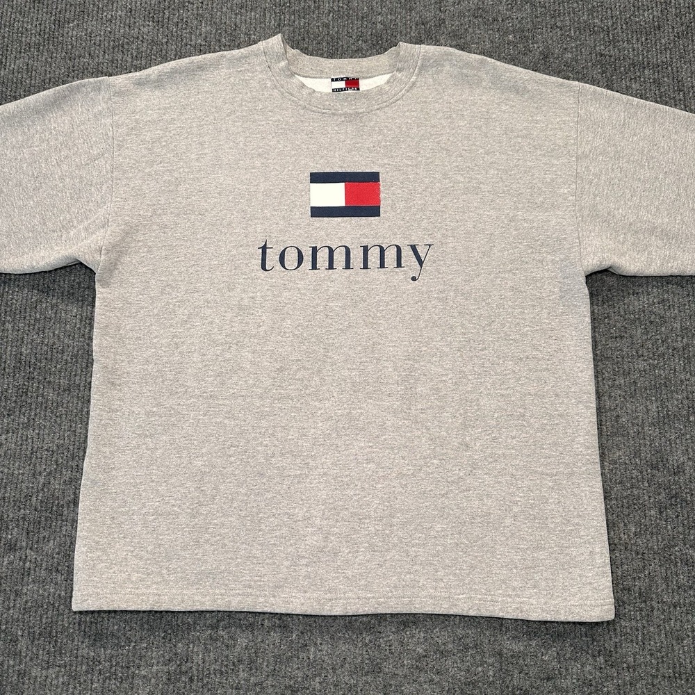 Vintage Tommy Hilfiger Crewneck Heather Gray XL‎ Logo Graphic Long Sleeve 90s